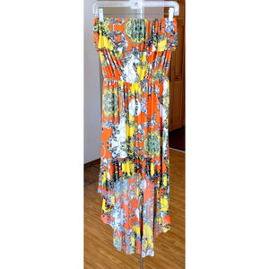 Elan Womens M Strapless Cover Dress Hi Low Stretch Orange Bold Tropical Beachy
